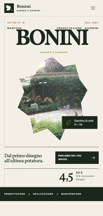 Homepage mobile del progetto Bonini Garden